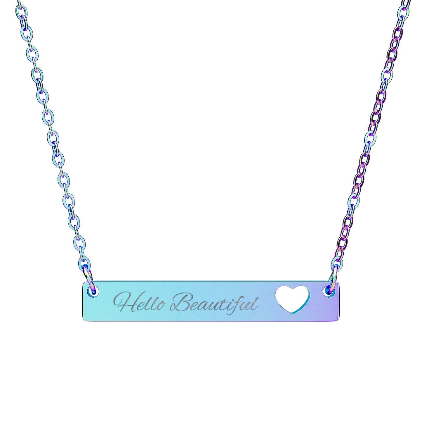Hello Beautiful Engraved Cutout Heart Bar Necklace