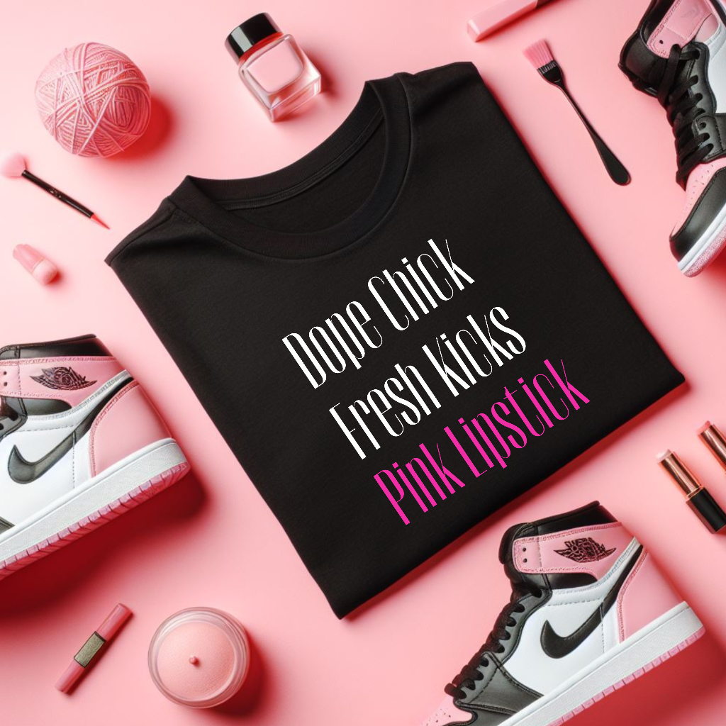 Dope Chick Fresh Kicks Pink Lippe Black Tee - The Black Tee Xchange