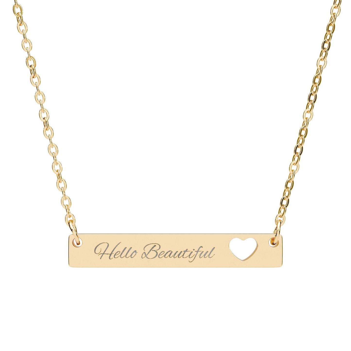 Hello Beautiful Engraved Cutout Heart Bar Necklace