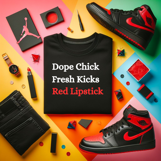Dope Chick Fresh Kicks Red Lippie Black Tee - The Black Tee Xchange